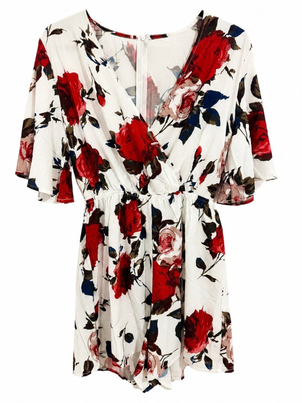 White Red Floral Wrap-Front Romper Dress Size Medium Fits Small
